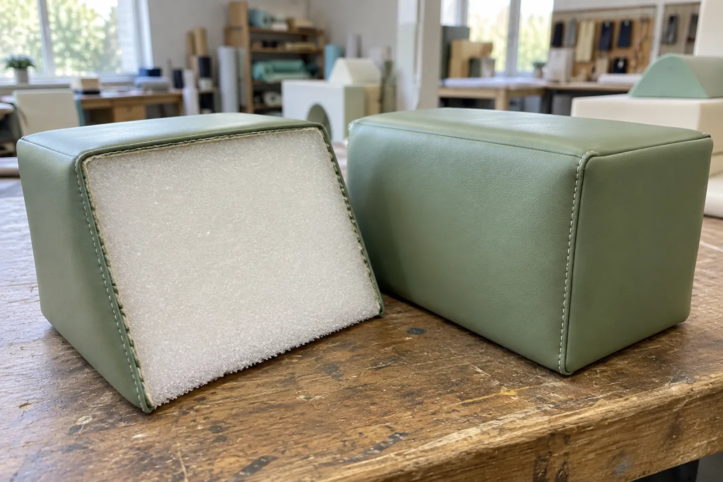 A soft play block cut open to reveal its dense white EPE foam core inside a stitched sage-green vinyl cover.