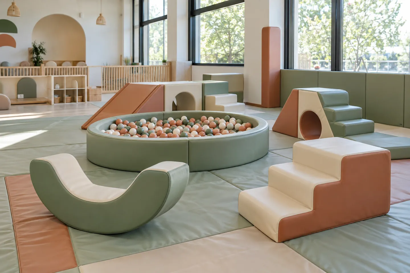 An indoor play centre furnished with soft play material: a ball pit, foam climbing blocks and padded shapes in sage green and cream vinyl.