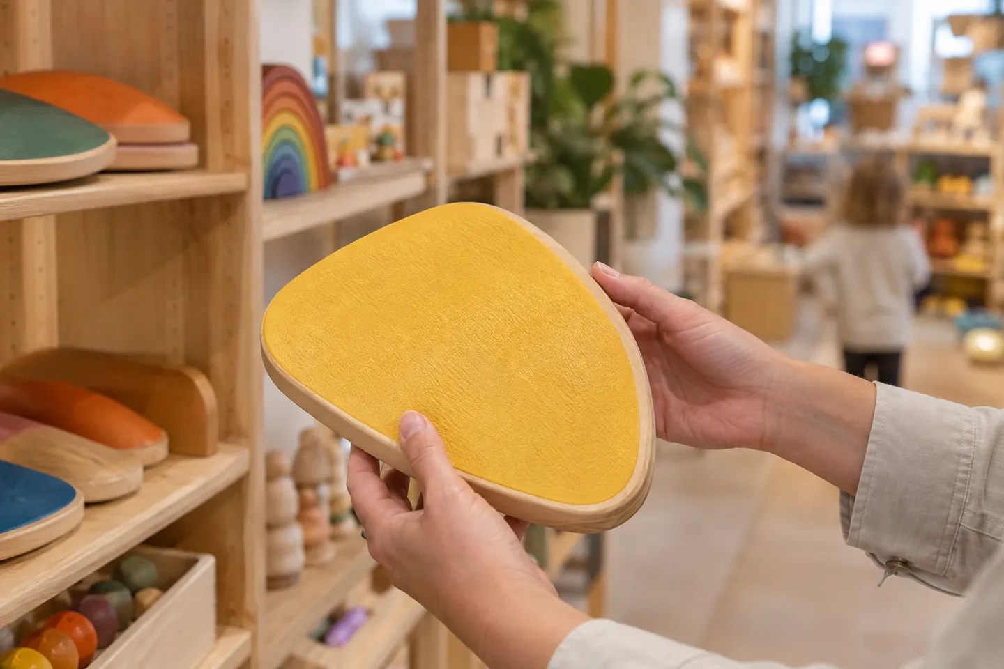 A parent turning over a wooden balance stone in a toy store to inspect its texture and edge before trusting an educational toy claim