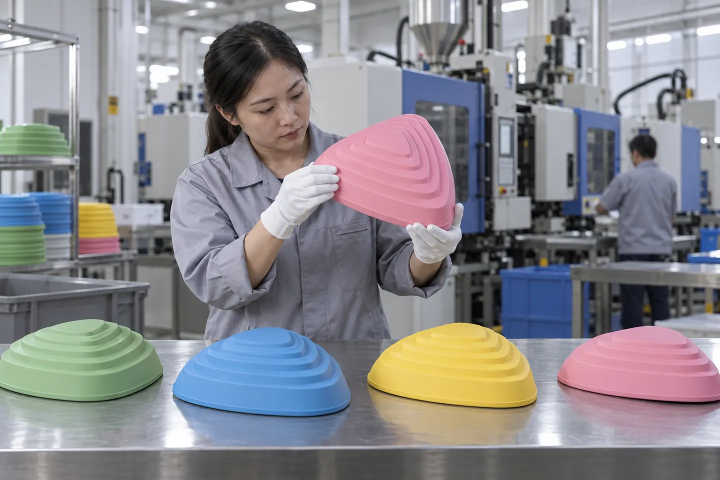 A quality inspector in white gloves examining plastic balance stepping stones on a stainless steel table at an educational toy manufacturer's injection molding factory