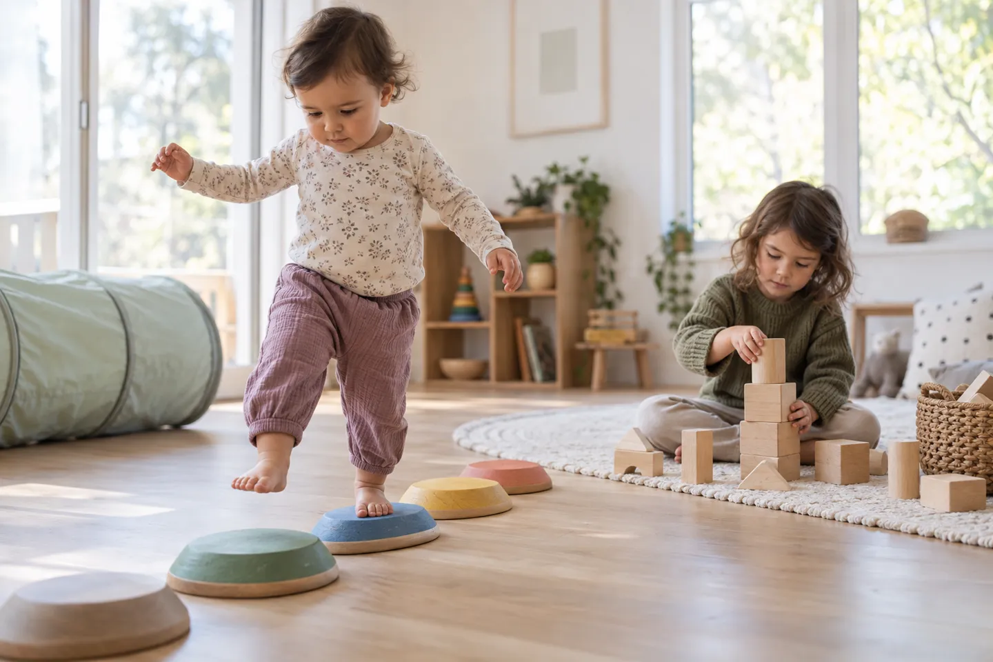 Two children playing with wooden balance stepping stones and plain building blocks in a bright playroom, a classic scene of educational toys building gross motor and cognitive skills