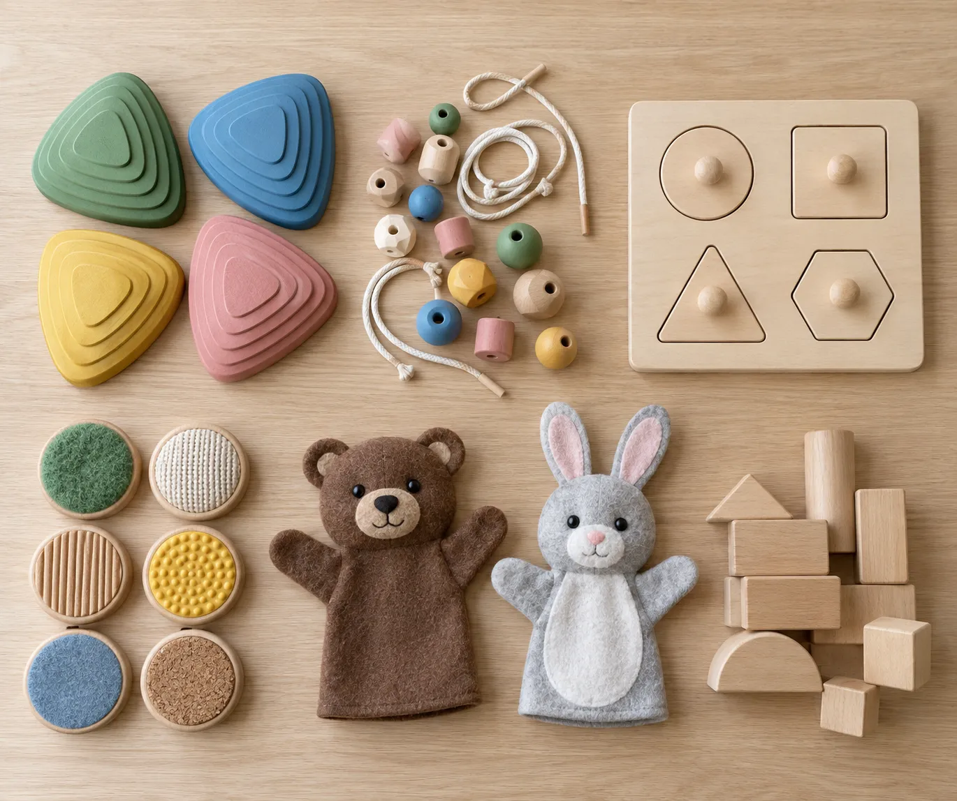 Educational toys sorted by developmental skill area: balance stepping stones, threading beads, a wooden shape puzzle, tactile sensory pads, felt hand puppets, and building blocks