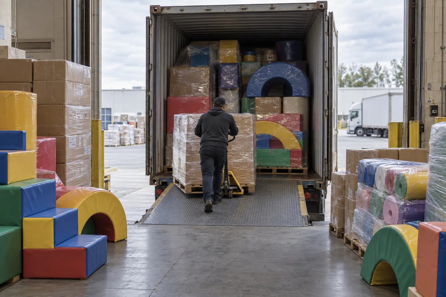A shipping container being loaded with palletized indoor playground equipment — bulky soft play cargo shows why freight is a large share of landed cost.