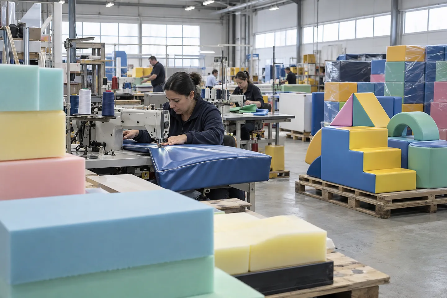 A soft play factory floor with foam stock and industrial sewing lines — what a supplier audit should verify before you buy indoor playground equipment factory-direct.