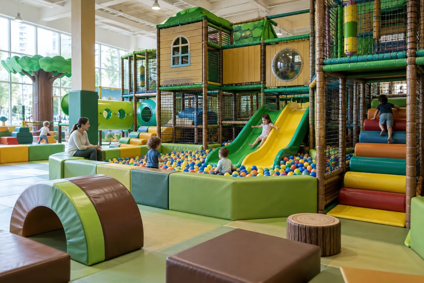 Wide view of a commercial indoor playground where commercial-grade indoor playground equipment — padded climbers, slides and a ball pit — stands ready for daily public traffic.
