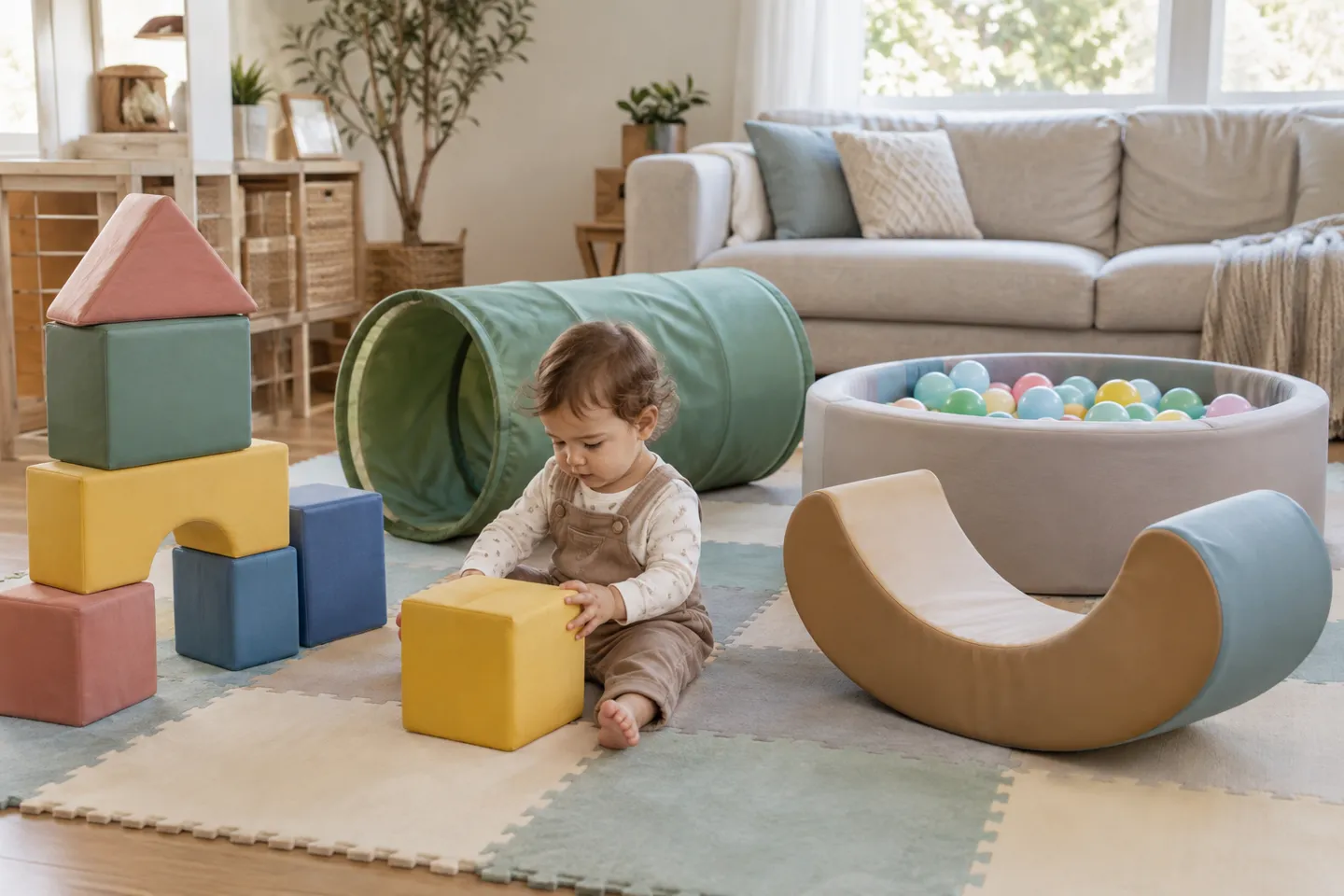 Home-grade indoor playground equipment in a playroom: foam blocks, a crawl tunnel, a ball pit and a foam rocker sized for toddlers.